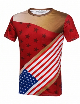 

Stars and Stripes Printed Round Neck Short Sleeve T-Shirt, Multicolor