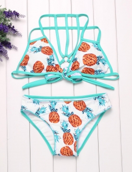 

Women Sexy Pineapple Print Back Tie Cross Split Bikini Set Swimwear, Multicolor