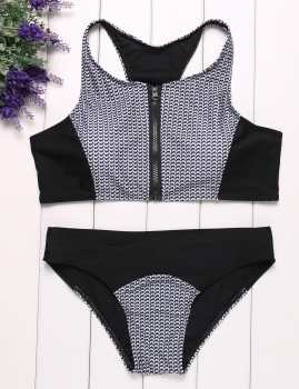 

Women Contrast Color Patchwork Zipper Split Bikini Set Swimwear, Multicolor