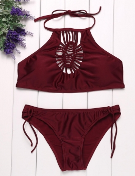 

Wine red Sexy Solid Hand Braided Halter Backless Bikini Set, Multicolor