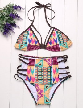

Women Sexy Halter Geometric Print Strappy High Waist Bikini Set, Multicolor