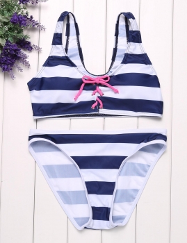 

Blue Navy Stripe Lace Up Women Sexy Split Bikini Set, Multicolor