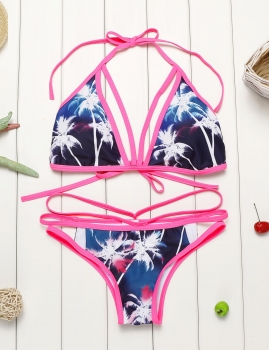 

Floral Printed Bandage Triangle Split Bikini Set Swimwear, Multicolor