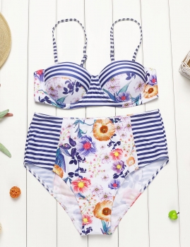 

Striped Floral Patchwork High Waist Split Bikini Set Swimwear, Multicolor