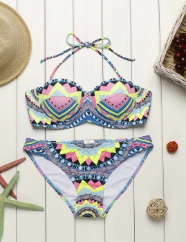 

Halter Underwire Push Up Geometric Print Bikini Set Swimwear, Multicolor