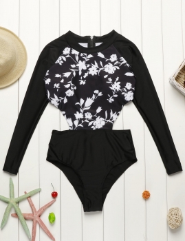 

White Long Sleeve Cut Out Floral Patchwork One Piece Swimsuit, Multicolor