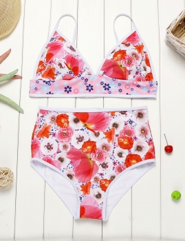 

Women Floral Print Push Up High Waist Split Bikini Set Swimwear, Multicolor
