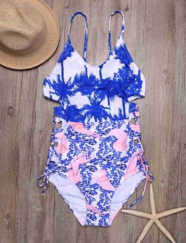 

Spaghetti Strap Side Hollow Out Lace Up Print One Piece Swimsuit, Multicolor