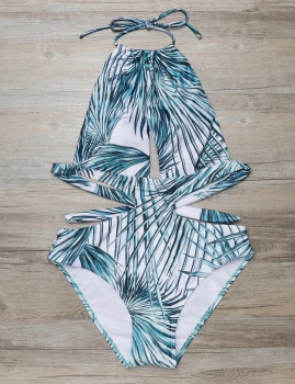 

Green Leaf Print Halter Cut Out Backless Monokini One Piece Swimsuit, Multicolor
