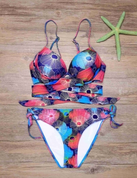

Purple Spaghetti Strap Wrap Cross Bandage Print Bikini Set, Multicolor