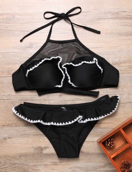 

Halter Underwire Mesh Patchwork Ruffle Bikini Set Swimwear, Multicolor