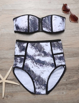 

Printed Strapless Bandeau Zipper High Waist Bikini Set Swimwear, Multicolor