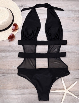 

Halter Backless Mesh Patchwork Cut Out One Piece Swimsuit Swimwear, Multicolor
