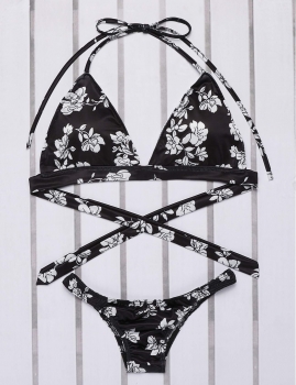 

Floral Halter Back Tie Triangle Split Bikini Set Swimwear, Multicolor