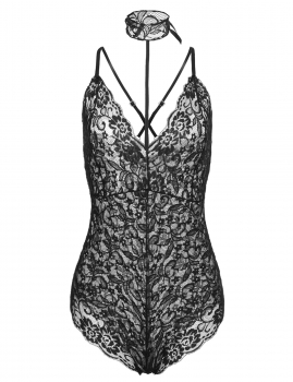 

Black V-Neck Back Cross Floral Lace Choker Slim Sexy Lingerie Bodysuit, Multicolor