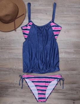 

Blue Striped Hollow Out Lace Up Tankini Set Swimwear, Multicolor