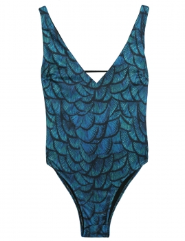 

Green Fish Scale Back Lace Up One Piece Push Up Swimsuit, Multicolor