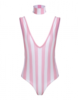 

Red and White Striped Deep V Neck Push Up One Piece Swimsuit, Multicolor
