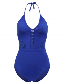 

Blue Solid Halter Hollow Out Bandage One-Piece Swimwear, Multicolor