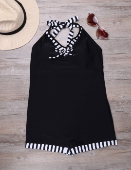 

Black Halter V-neck Stripe Push Up One-piece Swimwear, Multicolor