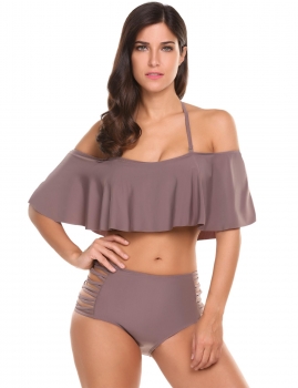 

Brown Halter Ruffles Solid High Waist Bikini Set Swimwear, Multicolor