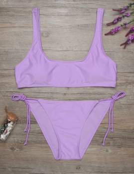 

Solid Push Up Lace Up Bikini Set Swimwear, Purple