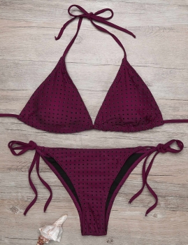 

Purple Halter Backless Triangle Side Tie Bikini Set Swimwear, Multicolor