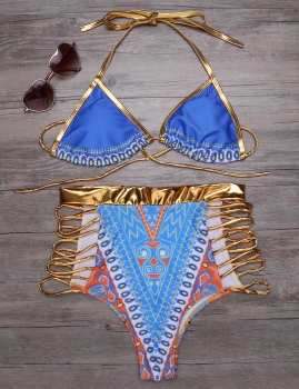 

Blue Halter Printed Padded High Waist Ladder Cut Out Swimwear, Multicolor