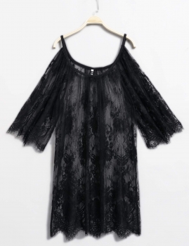 

Black Cold Shoulder Hollow Eyelash Lace Trim Beach Cover-up, Multicolor