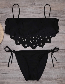 

Black Spaghetti Strap Padded Solid Hollow Out Ruffle Bikini Set, Multicolor