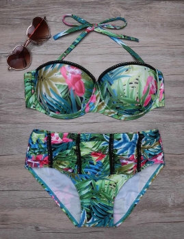 

Green Halter Backless Leaf Printed Bikini Set Swimwear, Multicolor