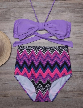 

Bowknot Halter Top Printed High Waist Bottom Bikini Set, Multicolor