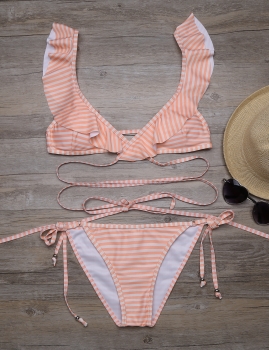 

Deep V-Neck Striped Ruffles Wrap Cross Bikini Set Swimwear, Multicolor