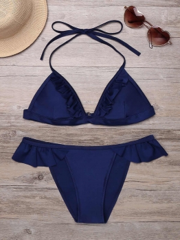 

Blue Halter Solid Ruffles Triangle Bikini Set Swimwear, Multicolor