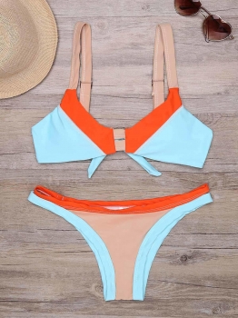 

Light blue Contrast Color Back Tie High Cut Bikini Set Swimwear, Multicolor
