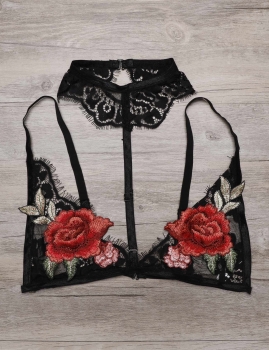 

Black Lace Flower Embroidery Bra with Collar, Multicolor