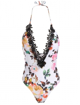

White Halter Deep V-Neck Crochet Trim Floral One Piece Swimsuit, Multicolor