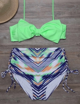 

Halter Bowknot Top Printed High Waist Bottom Bikini Set, Multicolor