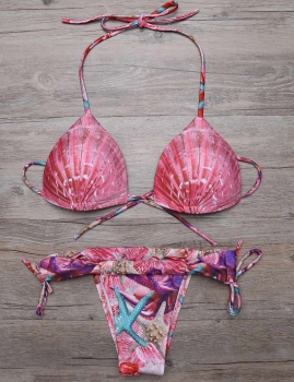 

Halter Backless Ruched Printed Side Tie Bikini Set, Multicolor