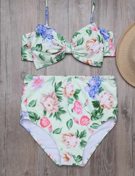 

Halter Floral Printed Bowknot High Waist Bikini Set, Multicolor
