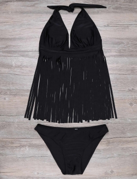 

Halter Backless Solid Fringe Padded Bikini Set, Multicolor