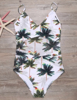 

Coconut Tree Print Spaghetti Strap Cut Out One Piece Swimsuit, Multicolor