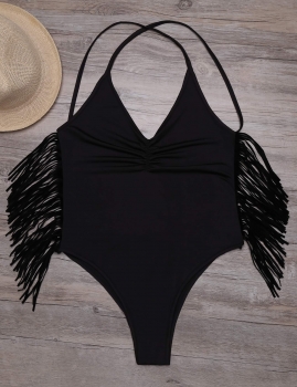 

Solid Ruched Fringe Cross Back Backless One Piece Swimsuit, Multicolor