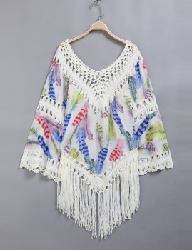 

Off the Shoulder Boho Style Fringe Cut-out Cover-Up, Blue