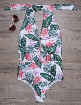 

Halter Plunging Neck Leaf Print One Piece Swimsuit, Multicolor
