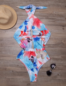 

Mono Style Floral Halter Backless Plunging Elastic Waist One Piece Swimsuit, Multicolor