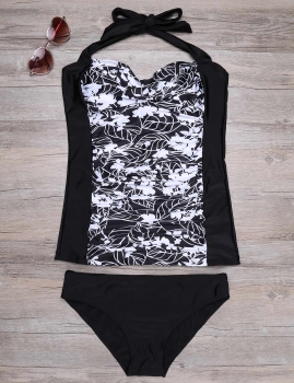 

Halter Printed Tankini Top and Solid Brief Swimwear Set, Multicolor