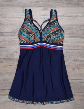 

Dark blue Vintage Style Tribal Printed Backless One Piece Swimsuit, Multicolor