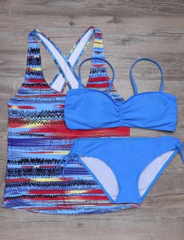 

Multicolored Striped Printed Tankini with Solid Bikini 3 Pieces Set, Multicolor