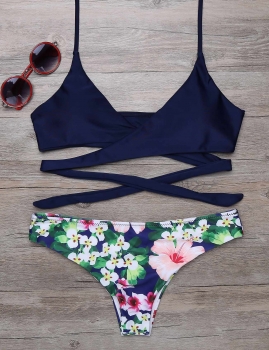 

Halter Wrap Cross Floral Printed Bikini Set Swimwear, Multicolor
